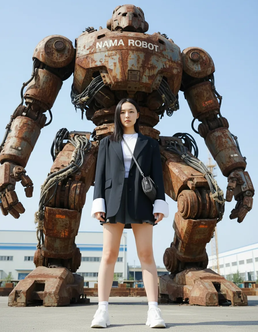 Ultra-realistic full-body portrait with industrial NAMA ROBOT