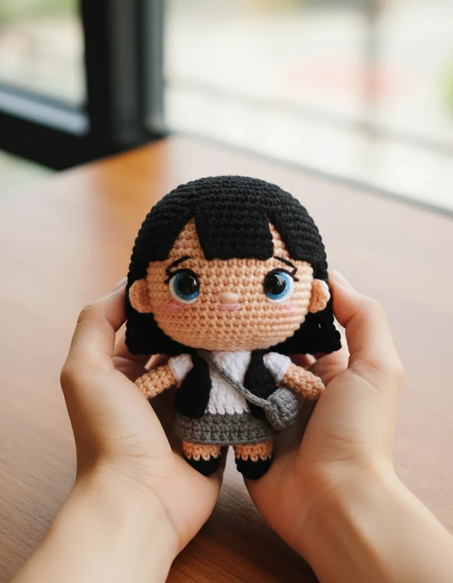 Close-up of Hand-Crocheted Yarn Doll Cradled in Hands