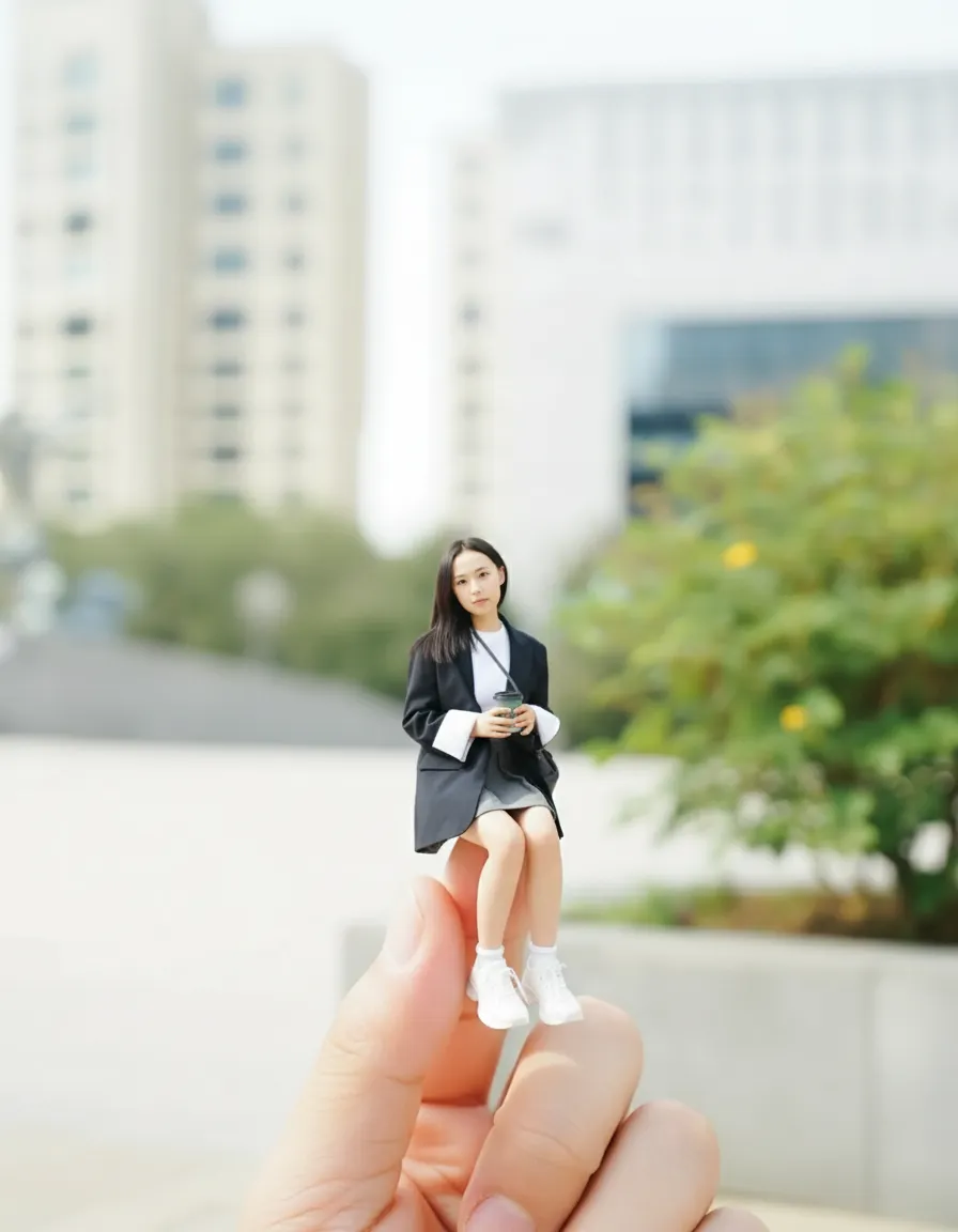 Photorealistic Macro: Tiny Character Perched on a Thumb