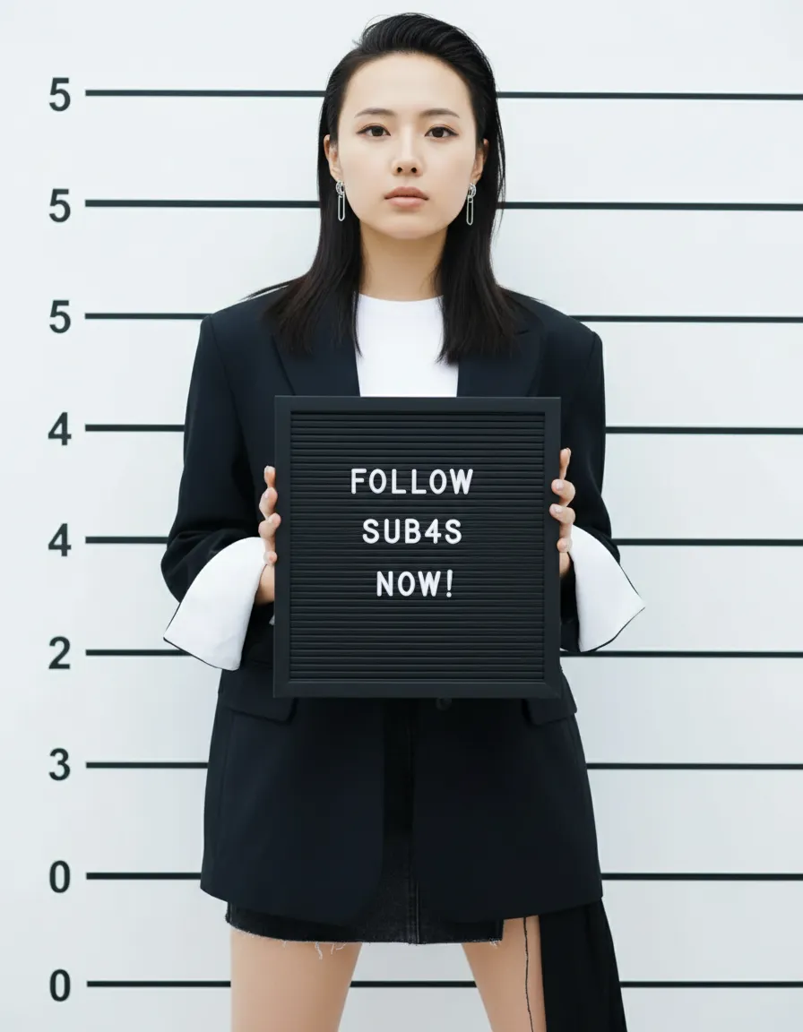 Glamorous fashion-forward mugshot-style portrait