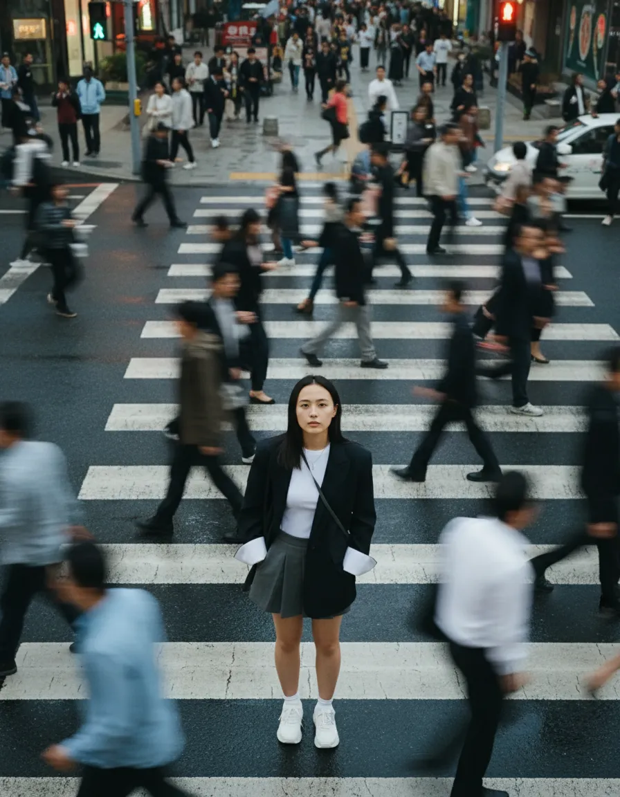 Cinematic overhead portrait on zebra crossing