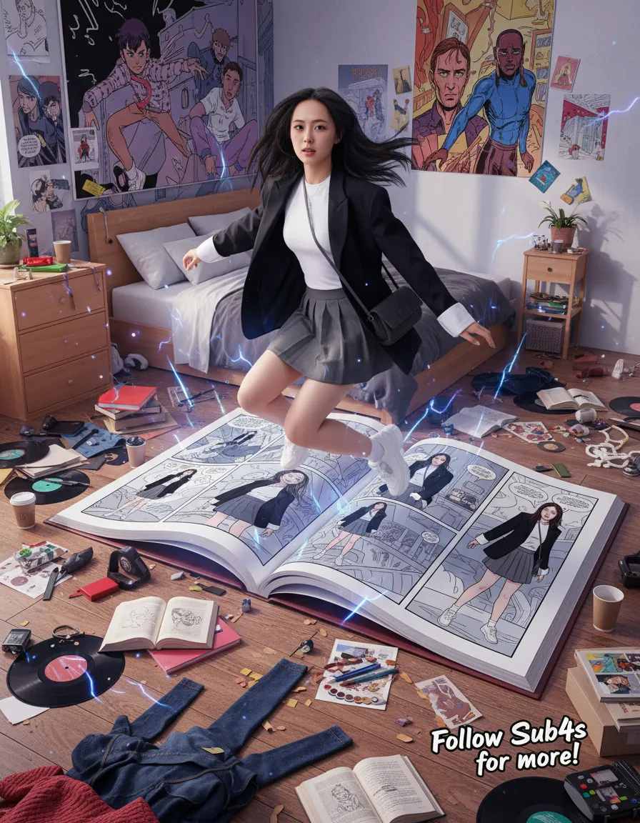 Ultra-realistic person breaking out of giant comic book